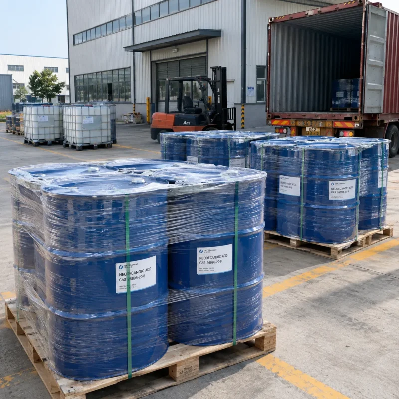 neodecanoic-acid-cas-26896-20-8-drums-loading-yard Neodecanoic acid CAS 26896-20-8 in shrink-wrapped steel drums on pallets beside container truck in loading yard