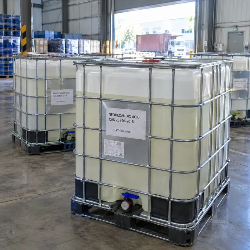 neodecanoic-acid-cas-26896-20-8-ibc-totes-liquid Neodecanoic acid CAS 26896-20-8 liquid in IBC tote tanks in warehouse with container truck outside