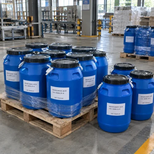 Neodecanoic acid CAS 26896-20-8 in blue plastic drums with black lids on wooden pallet in factory
