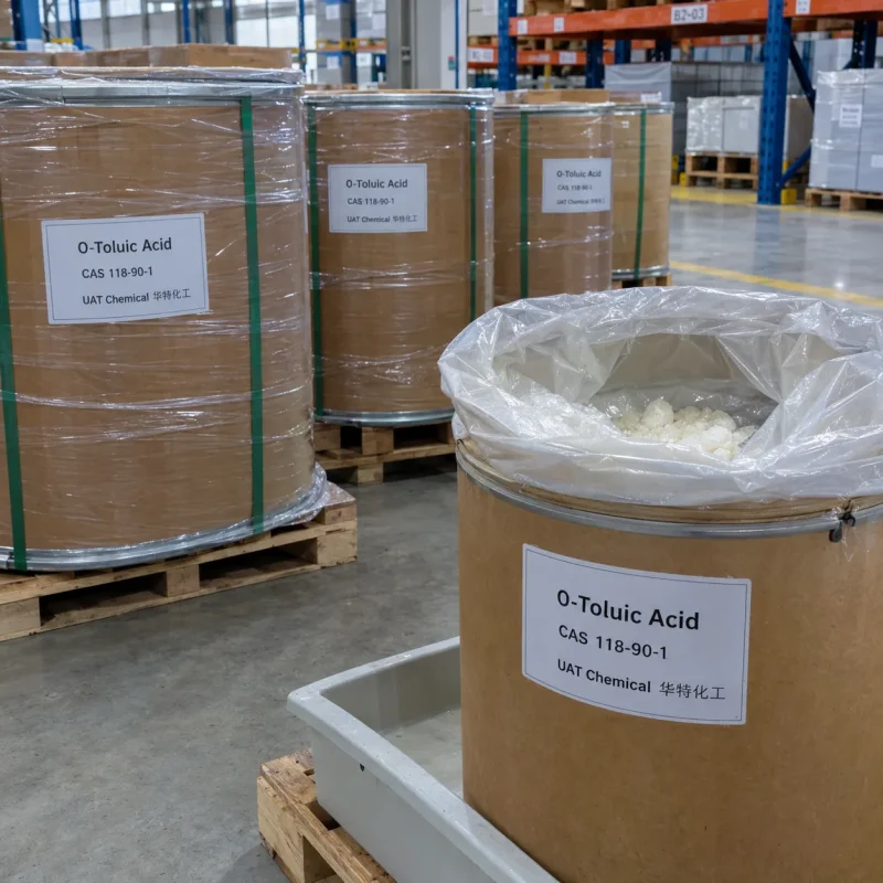 O-Toluic Acid CAS 118-90-1 packed in fiber drums on wooden pallets inside warehouse, white crystal visible in open drum