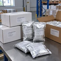 p-hydroxybenzyl-alcohol-cas-623-05-2-1kg-aluminum-foil-bags-cartons 1 kg aluminum foil bags and cartons of p-Hydroxybenzyl Alcohol (CAS 623-05-2) on a stainless steel table in a warehouse