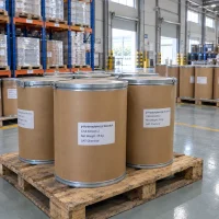 p-hydroxybenzyl-alcohol-cas-623-05-2-25kg-fiber-drums-warehouse Fiber drums of p-Hydroxybenzyl Alcohol (CAS 623-05-2), 25 kg each, on wooden pallets in a chemical warehouse
