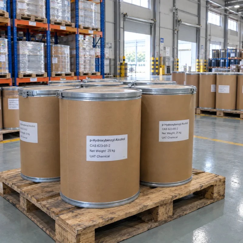 p-hydroxybenzyl-alcohol-cas-623-05-2-25kg-fiber-drums-warehouse Fiber drums of p-Hydroxybenzyl Alcohol (CAS 623-05-2), 25 kg each, on wooden pallets in a chemical warehouse