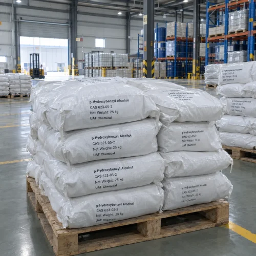 White woven bags of p-Hydroxybenzyl Alcohol (CAS 623-05-2), 25 kg each, stacked on wooden pallets in a warehouse