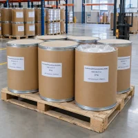Palmitoylethanolamide (PEA, CAS 544-31-0) in 25 kg fiber drums on a pallet, one open drum showing white powder