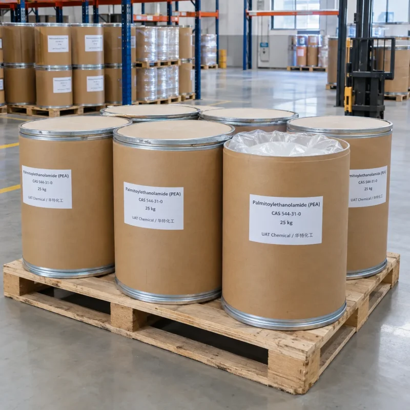 Palmitoylethanolamide (PEA, CAS 544-31-0) in 25 kg fiber drums on a pallet, one open drum showing white powder
