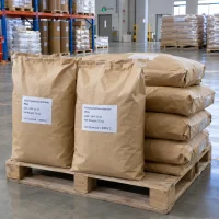 Palmitoylethanolamide (PEA, CAS 544-31-0) in 25 kg kraft paper bags stacked on a wooden pallet in a warehouse