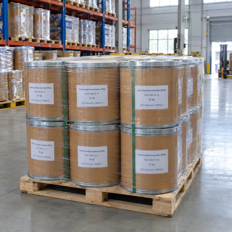 Palmitoylethanolamide (PEA, CAS 544-31-0) 25 kg fiber drums stacked and stretch-wrapped with straps on a pallet