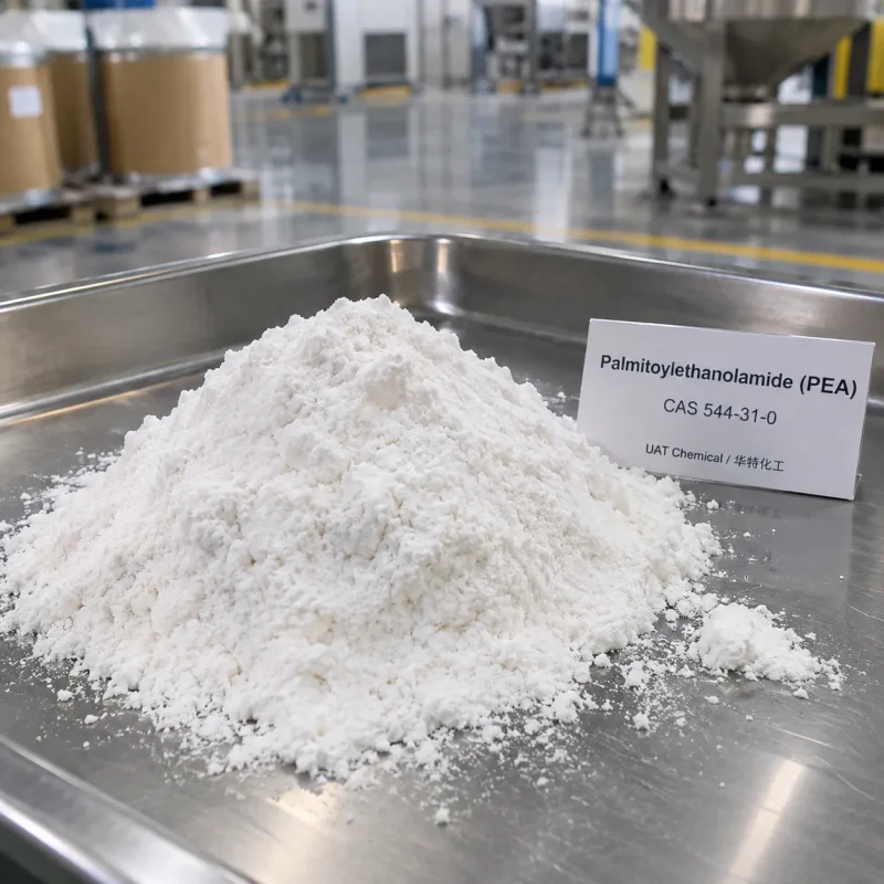 Palmitoylethanolamide (PEA, CAS 544-31-0) white powder pile in a stainless steel tray with a product sign card
