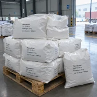 Paracetamol (CAS 103-90-2) in 25 kg white woven bags stacked on an EPAL wooden pallet in a warehouse