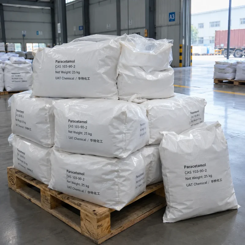 Paracetamol (CAS 103-90-2) in 25 kg white woven bags stacked on an EPAL wooden pallet in a warehouse