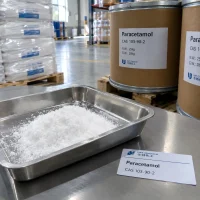 Paracetamol (CAS 103-90-2) white crystalline powder in a stainless steel tray with a UAT Chemical sign card