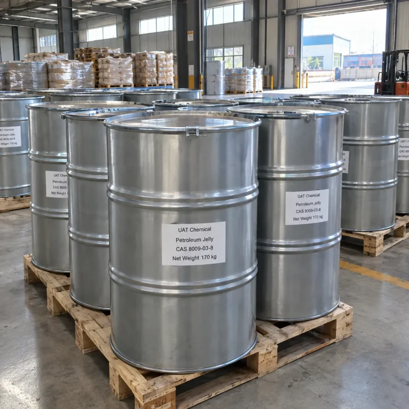 Galvanized steel drums of petroleum jelly (CAS 8009-03-8), 170 kg each, standing on wooden pallets in a warehouse