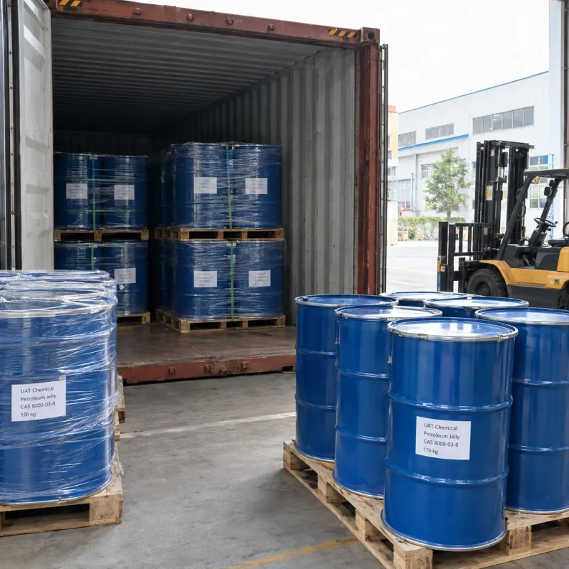 Blue steel drums of petroleum jelly (CAS 8009-03-8), 170 kg each, on pallets being loaded into a shipping container