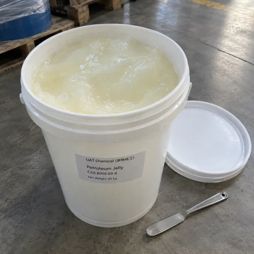 petroleum-jelly-cas-8009-03-8-25kg-plastic-pail-open White petroleum jelly (CAS 8009-03-8) in an open 25 kg plastic pail with its lid and a metal spatula beside it