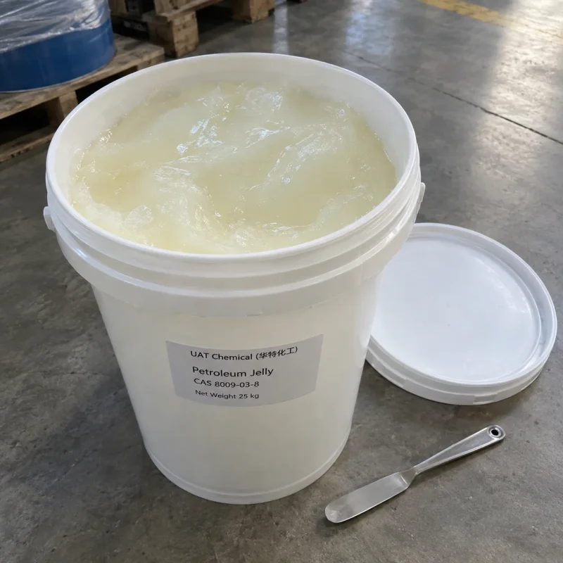 White petroleum jelly (CAS 8009-03-8) in an open 25 kg plastic pail with its lid and a metal spatula beside it
