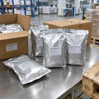 phenylethyl-resorcinol-cas-85-27-8-1kg-foil-bag Silver foil bags of Phenylethyl Resorcinol CAS 85-27-8, net weight 1 kg, arranged on a stainless steel table with cardboard boxes.