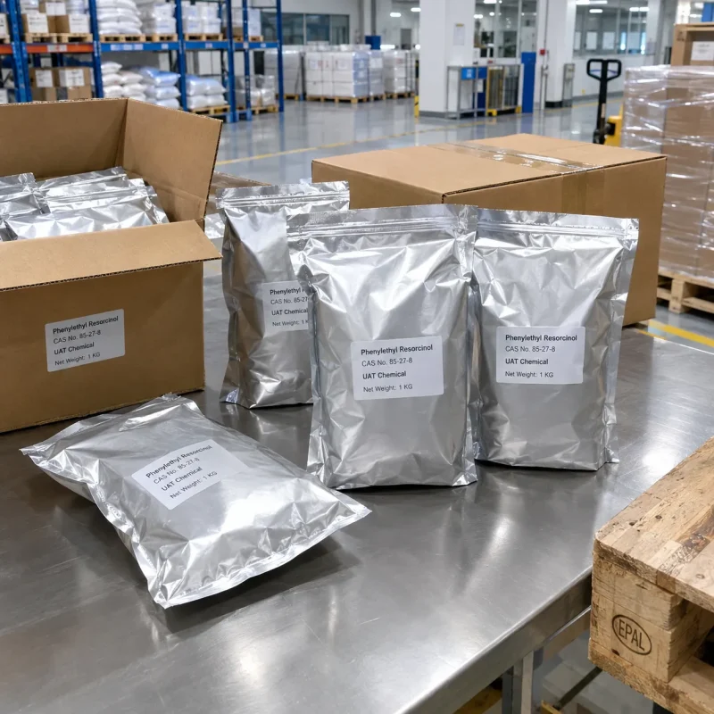 phenylethyl-resorcinol-cas-85-27-8-1kg-foil-bag Silver foil bags of Phenylethyl Resorcinol CAS 85-27-8, net weight 1 kg, arranged on a stainless steel table with cardboard boxes.