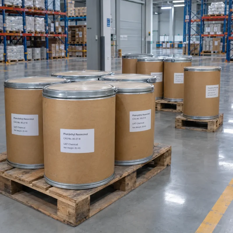 phenylethyl-resorcinol-cas-85-27-8-25kg-fiber-drum Brown fiber drums containing Phenylethyl Resorcinol CAS 85-27-8, net weight 25 kg, stacked on wooden pallets in a warehouse.