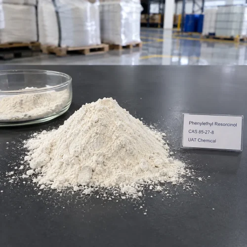 phenylethyl-resorcinol-cas-85-27-8-white-powder-sample A pile of white Phenylethyl Resorcinol powder CAS 85-27-8 on a black table next to a glass dish and a product label.