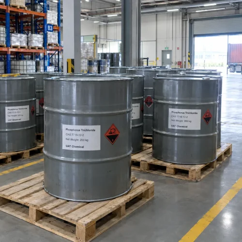 Steel drums of Phosphorus Trichloride (CAS 7719-12-2), 200 kg each, with corrosive hazard labels on pallets in a warehouse