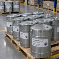 phosphorus-trichloride-cas-7719-12-2-25kg-metal-drums-warehouse Open-head metal drums of Phosphorus Trichloride (CAS 7719-12-2), 25 kg each, with corrosive hazard labels on wooden pallets