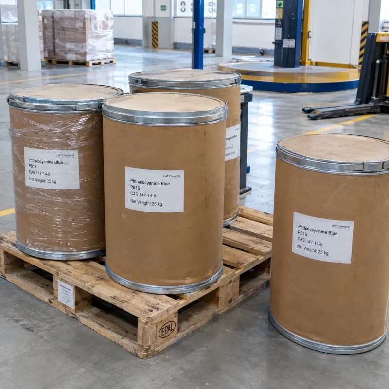 phthalocyanine-blue-pb15-cas-147-14-8-25kg-fiber-drums-pallet Several 25kg fiber drums of Phthalocyanine Blue PB15 CAS 147-14-8 on a wooden pallet in a factory warehouse.