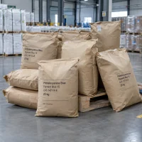 phthalocyanine-blue-pigment-blue-15-cas-147-14-8-25kg-paper-bags Stacked 25kg brown paper bags of Phthalocyanine Blue Pigment Blue 15 CAS 147-14-8 on a wooden pallet in a warehouse.