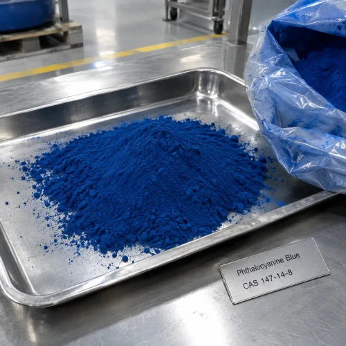 phthalocyanine-blue-pigment-blue-15-cas-147-14-8-blue-powder-sample Pile of blue Phthalocyanine Blue powder CAS 147-14-8 on a stainless steel tray with a product label.