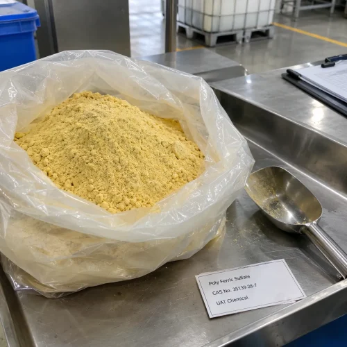 Poly ferric sulfate CAS 35139-28-7 yellow powder in open PE bag with steel scoop and label card on table