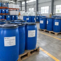 polyamide-epichlorohydrin-pae-cas-68583-79-9-200kg-plastic-drums-pallet Blue plastic drums of Polyamide Epichlorohydrin PAE CAS 68583-79-9 with 200 kg net weight on wooden pallets in a warehouse.