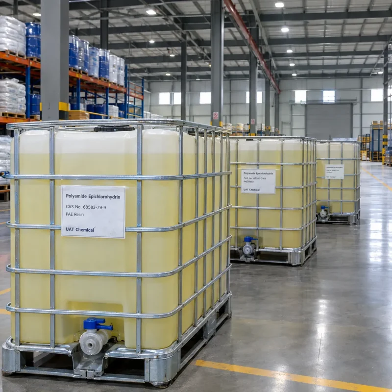 polyamide-epichlorohydrin-pae-cas-68583-79-9-ibc-tanks-warehouse IBC tanks filled with pale yellow Polyamide Epichlorohydrin PAE resin CAS 68583-79-9 in a warehouse storage area.