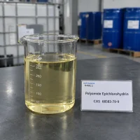 polyamide-epichlorohydrin-pae-cas-68583-79-9-yellow-liquid-beaker Pale yellow Polyamide Epichlorohydrin PAE liquid CAS 68583-79-9 in a glass beaker with a product label on a table in a warehouse.