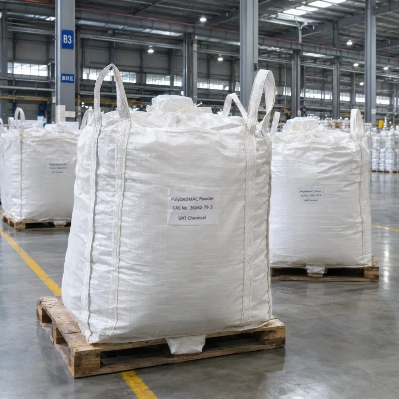 White FIBC bulk bags labeled PolyDADMAC Powder CAS 26062-79-3 on wooden pallets in a warehouse storage area.