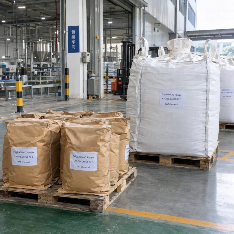 Brown paper bags and a white FIBC bag of PolyDADMAC powder CAS 26062-79-3 on wooden pallets in a packaging workshop.