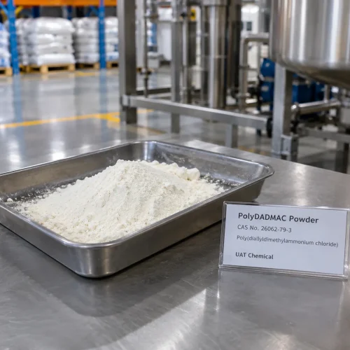polydadmac-powder-cas-26062-79-3-white-powder-sample-tray White PolyDADMAC powder CAS 26062-79-3, Poly(diallyldimethylammonium chloride), in a stainless steel tray with a product label in a factory.