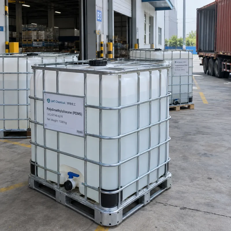polydimethylsiloxane-pdms-cas-63148-62-9-1000kg-ibc-tote Polydimethylsiloxane (PDMS) CAS 63148-62-9 in 1000 kg IBC tote at loading dock beside container truck