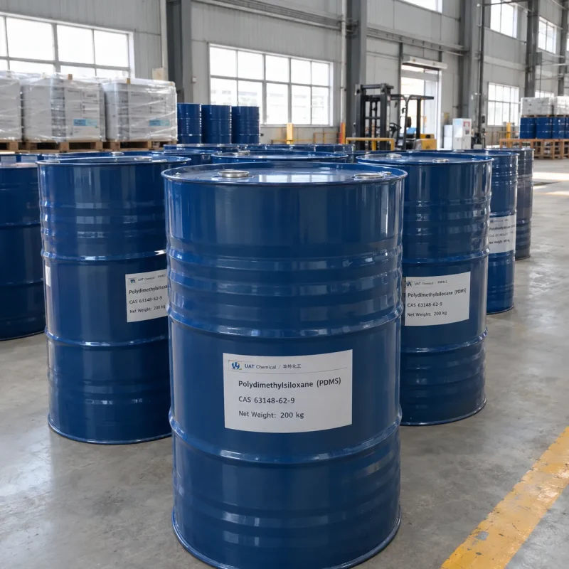 polydimethylsiloxane-pdms-cas-63148-62-9-200kg-blue-steel-drums Polydimethylsiloxane (PDMS) CAS 63148-62-9 in 200 kg blue steel drums arranged in warehouse