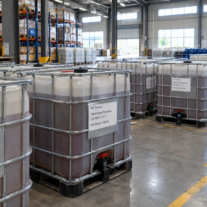 IBC tanks filled with brown Polyethylene Polyamine liquid CAS 68131-73-7 with 1000 kg net weight in a warehouse with storage racks behind.