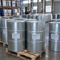 Galvanized steel drums labeled Polyethylene Polyamine CAS 68131-73-7 with 200 kg net weight on wooden pallets in a warehouse with a forklift behind.