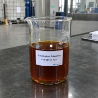 Amber brown Polyethylene Polyamine liquid CAS 68131-73-7 in a glass beaker with a product label on a dark table in a warehouse.