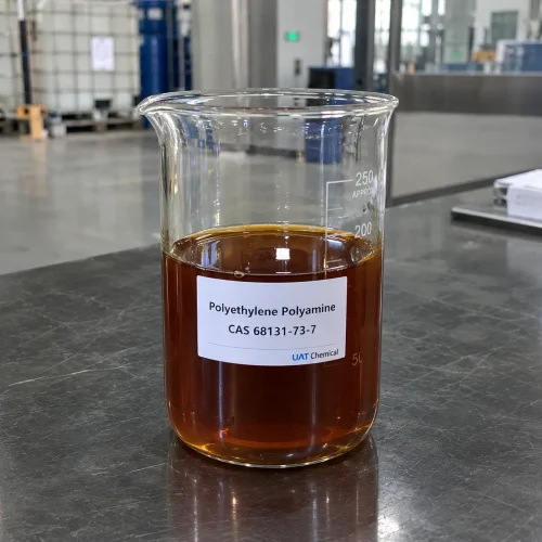polyethylene-polyamine-cas-68131-73-7-amber-liquid-beaker Amber brown Polyethylene Polyamine liquid CAS 68131-73-7 in a glass beaker with a product label on a dark table in a warehouse.