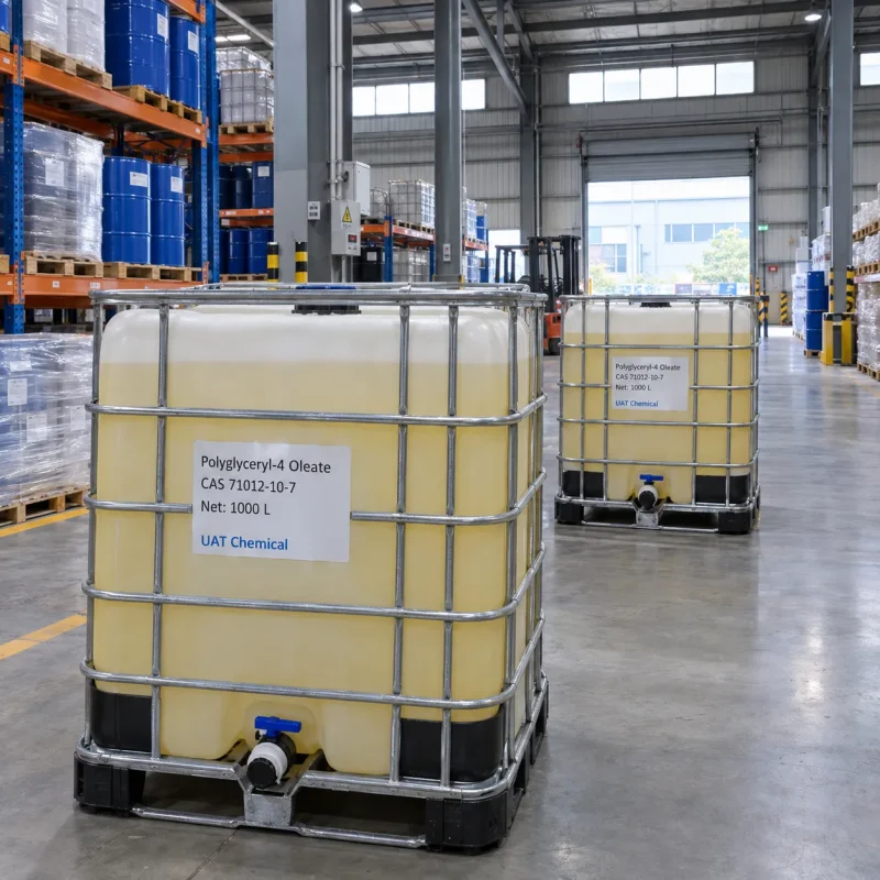 Polyglyceryl-4 oleate (CAS 71012-10-7) pale yellow liquid in 1000 L white IBC tote tanks with valves in warehouse