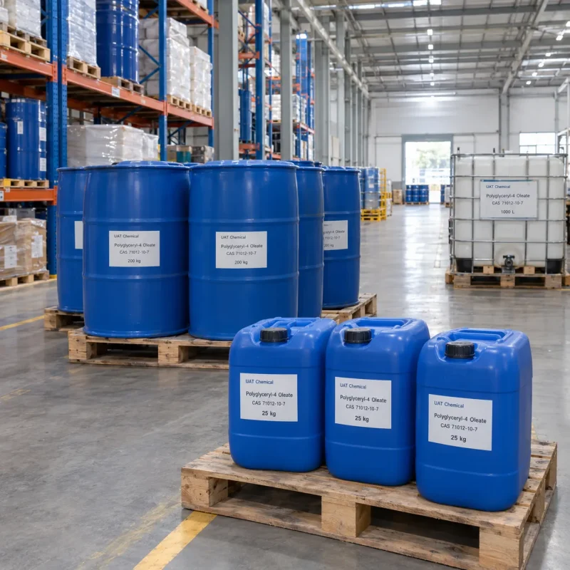 Polyglyceryl-4 oleate (CAS 71012-10-7) in 200 kg blue drums, 25 kg canisters and a 1000 L IBC tote in warehouse
