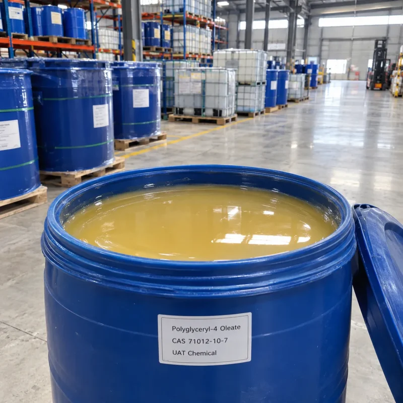 Polyglyceryl-4 oleate (CAS 71012-10-7) yellow amber liquid in an open blue plastic drum, close-up in a warehouse