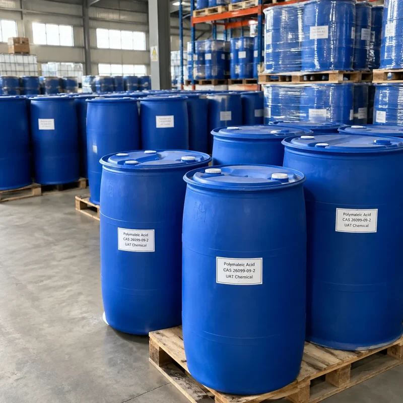 Blue plastic drums labeled Polymaleic Acid CAS 26099-09-2 on wooden pallets in a warehouse with shrink-wrapped drum stacks on racks behind.