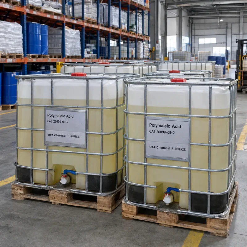 IBC tanks filled with pale yellow Polymaleic Acid liquid CAS 26099-09-2 on wooden pallets in a warehouse with racks and a forklift in the background.