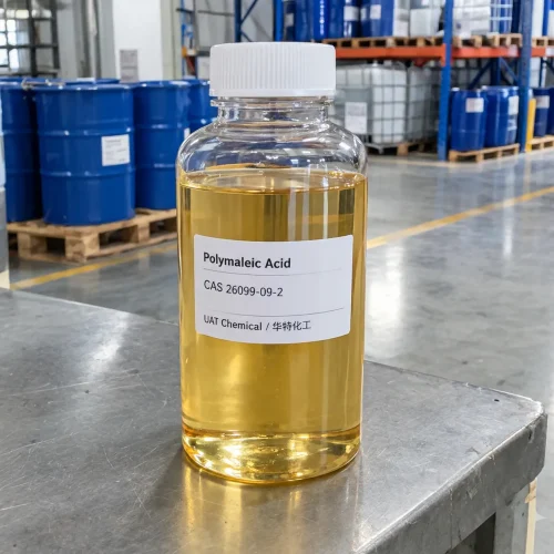 Glass bottle of yellow Polymaleic Acid liquid CAS 26099-09-2 with a product label on a metal table in a warehouse with blue drums behind.