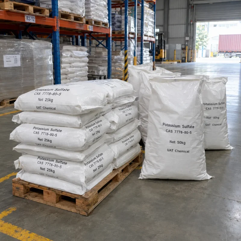 Potassium sulfate (CAS 7778-80-5) in 25 kg and 50 kg woven bags palletized in a chemical storage warehouse.