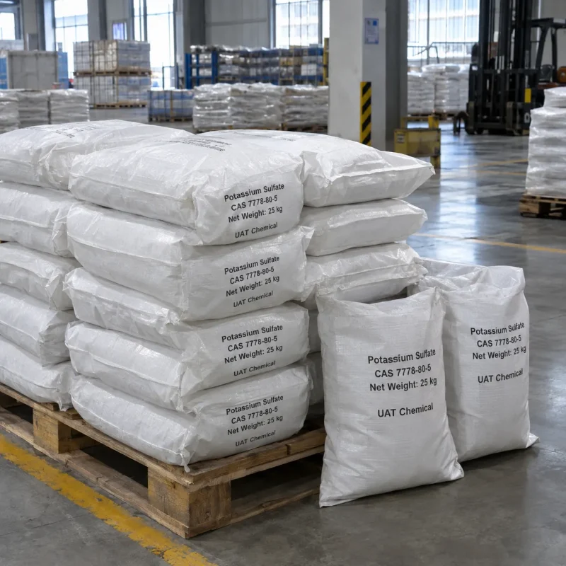 Potassium sulfate (CAS 7778-80-5) packed in 25 kg white woven bags stacked on wooden pallets in a warehouse.